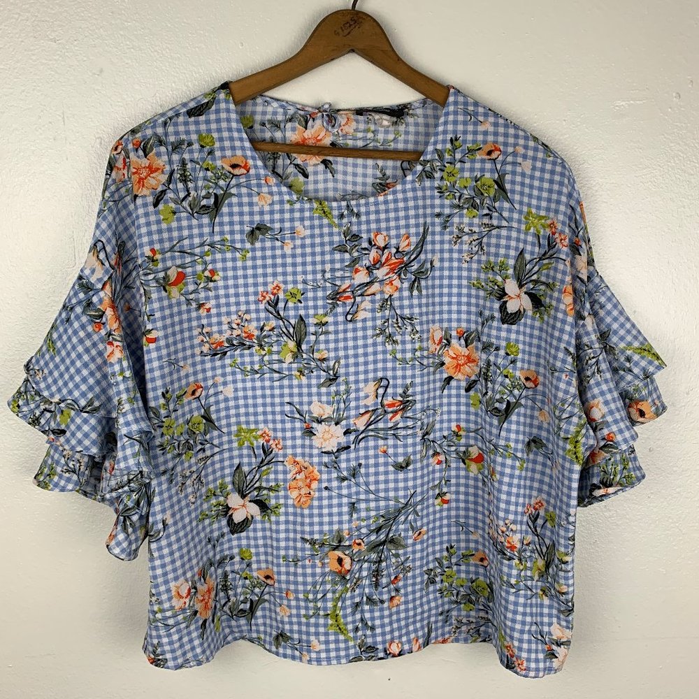 Cocomo Gingham Floral Ruffle Sleeve Blouse